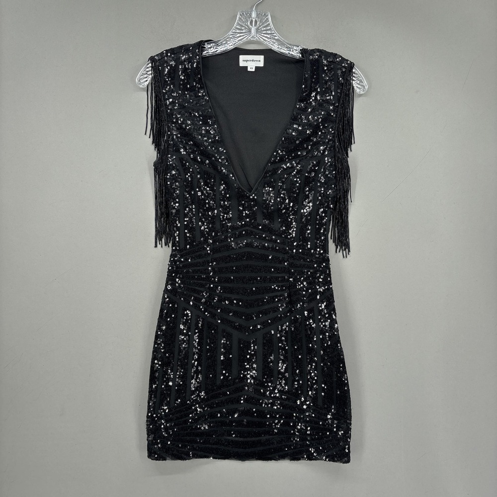 Superdown Dress XS Black Sequin Bodycon Sleeveless Fringe V-Neck Mini Party